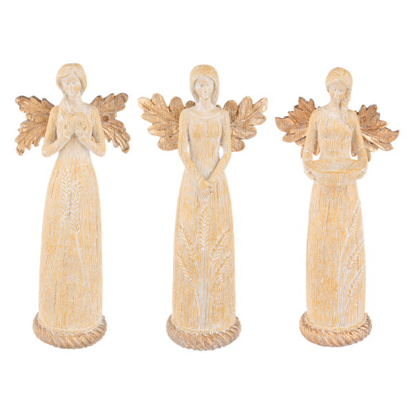 Harvest Angel Figurine, Three tall angel figurines in wood-grain gowns etched with wheat and gold oak-leaf wings, one with hands at her chest, one with hands clasped and one holding a shallow bowl.