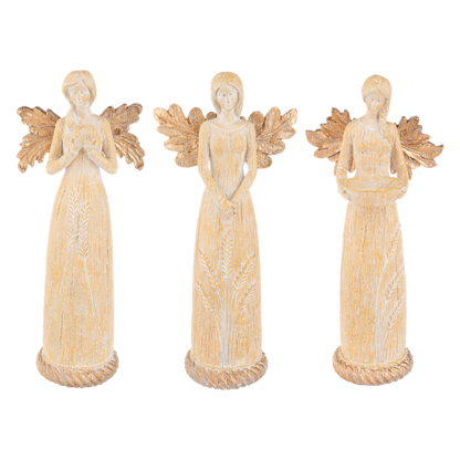 Harvest Angel Figurine, Three tall angel figurines in wood-grain gowns etched with wheat and gold oak-leaf wings, one with hands at her chest, one with hands clasped and one holding a shallow bowl.
