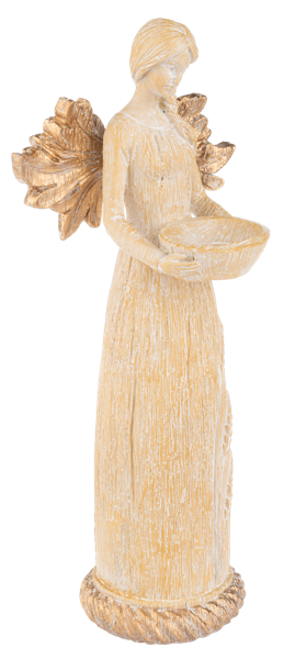 Harvest Angel Figurine, Three tall angel figurines in wood-grain gowns etched with wheat and gold oak-leaf wings, one with hands at her chest, one with hands clasped and one holding a shallow bowl.