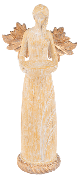 Harvest Angel Figurine, Three tall angel figurines in wood-grain gowns etched with wheat and gold oak-leaf wings, one with hands at her chest, one with hands clasped and one holding a shallow bowl.