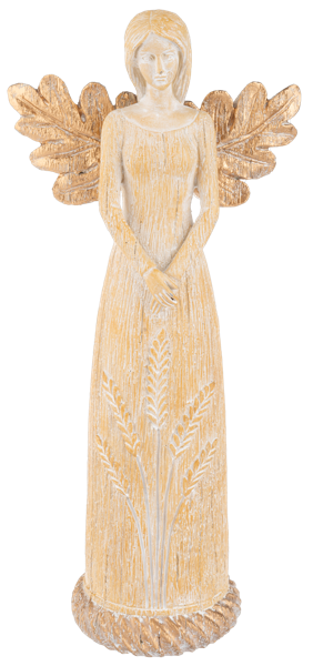Harvest Angel Figurine, Three tall angel figurines in wood-grain gowns etched with wheat and gold oak-leaf wings, one with hands at her chest, one with hands clasped and one holding a shallow bowl.