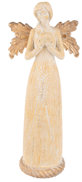 Harvest Angel Figurine, Three tall angel figurines in wood-grain gowns etched with wheat and gold oak-leaf wings, one with hands at her chest, one with hands clasped and one holding a shallow bowl.
