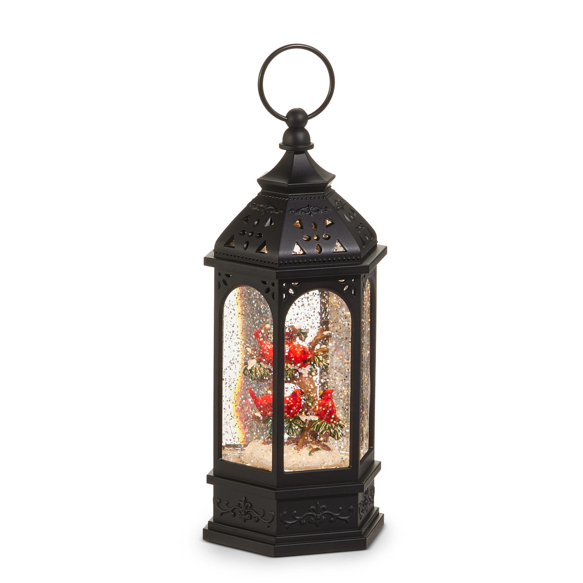 Hexagonal Cardinal Tree Lighted Water Lantern, A six-sided black water lantern with a pierced roof and ring handle, showing several red cardinals perched in a snowy tree behind glitter-filled arched windows.