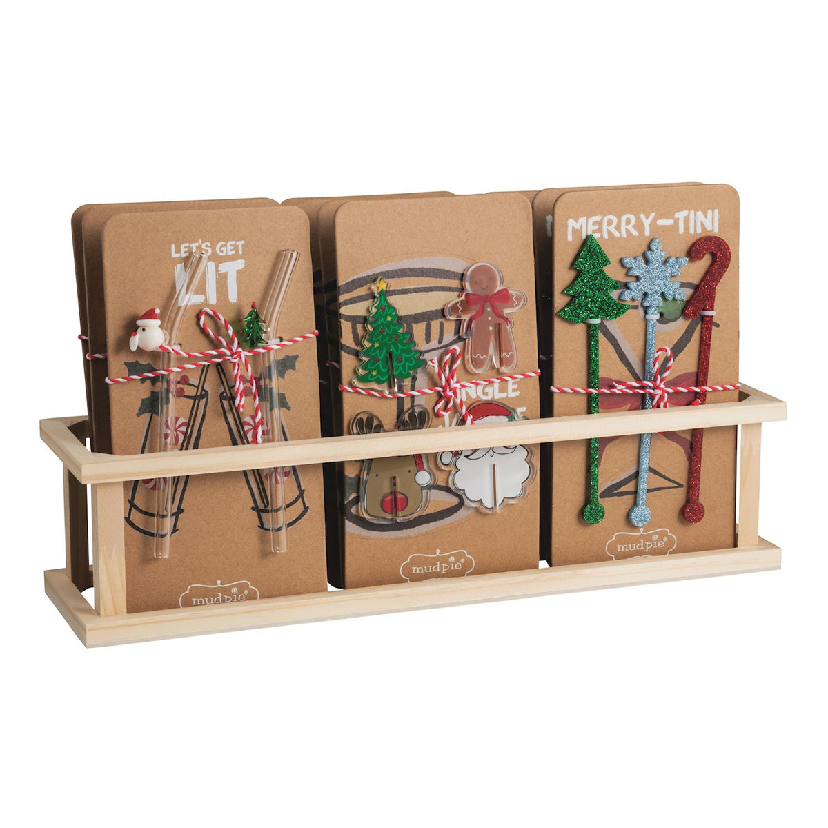 Holiday Bar Cocktail Accessories, Three kraft cards of holiday bar accessories: glass straws, icon drink markers and glitter drink stirrers in a wooden crate.