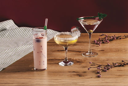 Holiday Bar Cocktail Accessories, Three kraft cards of holiday bar accessories: glass straws, icon drink markers and glitter drink stirrers in a wooden crate.