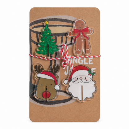 Holiday Bar Cocktail Accessories, Drink Markers design: two acrylic icon drink markers on the Jingle card, about 2 by 1 3/4 inches