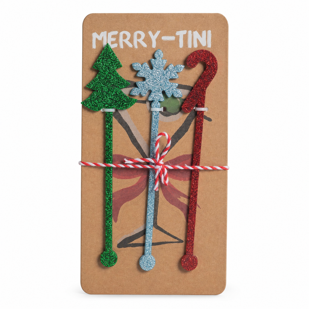 Holiday Bar Cocktail Accessories, Drink Stirrers design: three glitter acrylic stirrers, a tree, a snowflake and a candy cane, 6 inches, on the Merry-Tini card