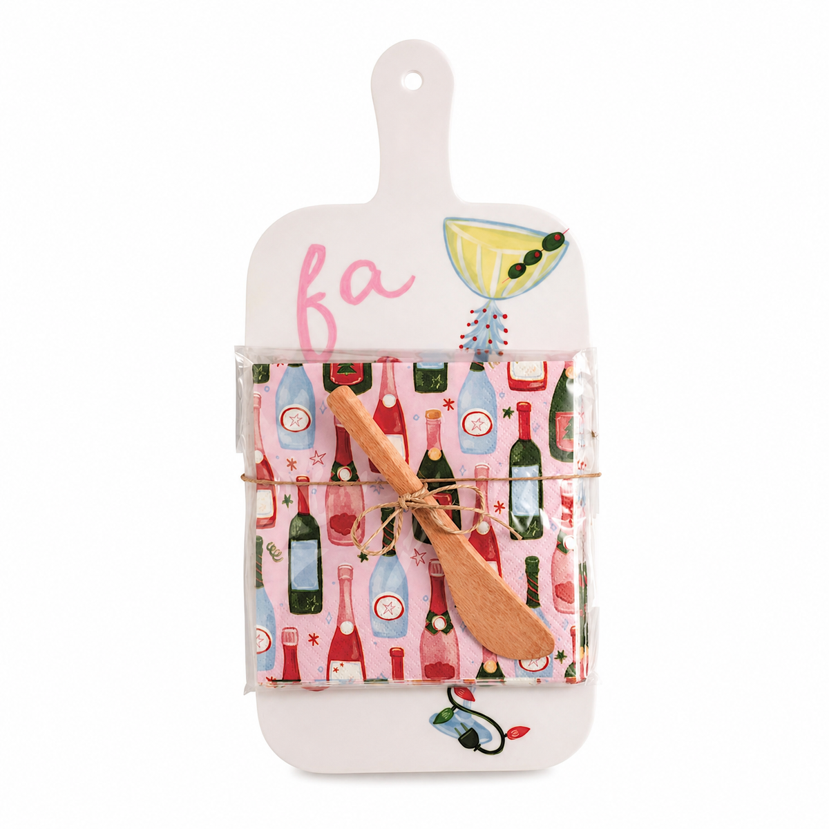 Holiday Bar Melamine Board with Napkins and Spreader, Fa La design: a white board with a martini and fa script, paired with bottle print napkins