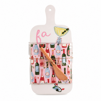 Holiday Bar Melamine Board with Napkins and Spreader, Fa La design: a white board with a martini and fa script, paired with bottle print napkins