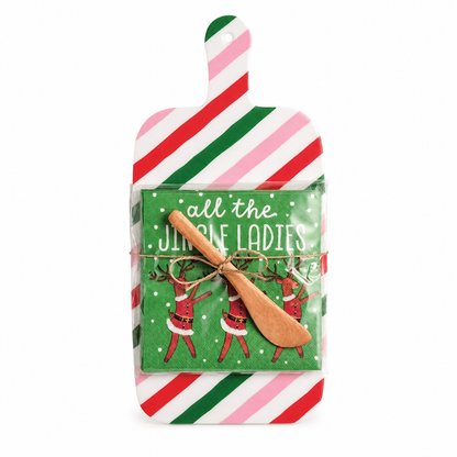 Holiday Bar Melamine Board with Napkins and Spreader, All the Jingle Ladies design: a red, green and pink striped board with matching green napkins