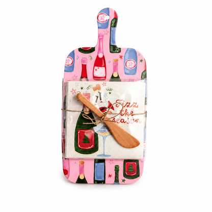 Holiday Bar Melamine Board with Napkins and Spreader, Fizz the Season design: a pink board printed with champagne bottles and Fizz the Season napkins