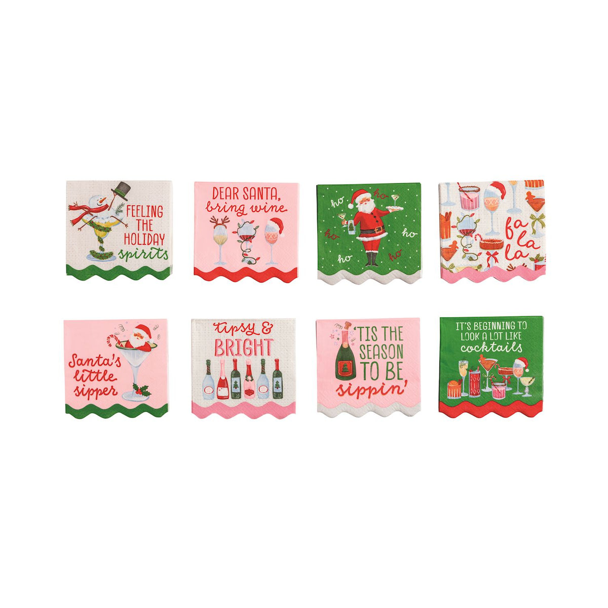 Holiday Bar Paper Cocktail Napkins, Eight square paper cocktail napkins with holiday drink sayings and scalloped pink, green and red borders.