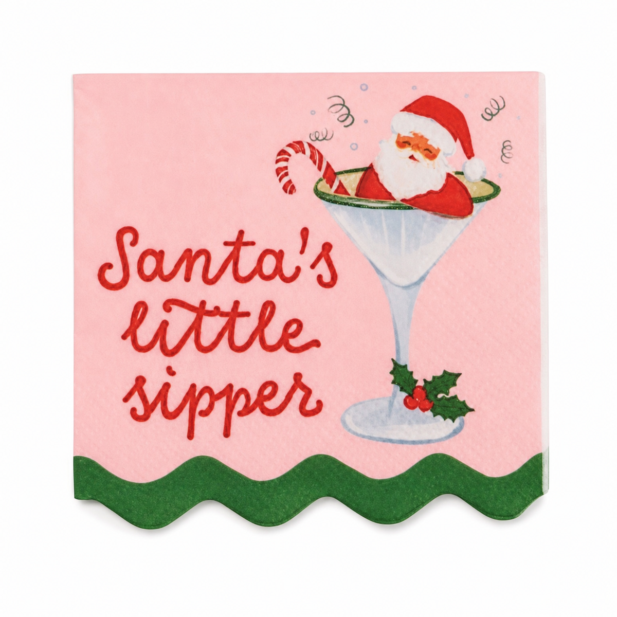 Holiday Bar Paper Cocktail Napkins, Santa's Little Sipper design: Santa lounging in a martini glass, and a snowman afloat in a cocktail
