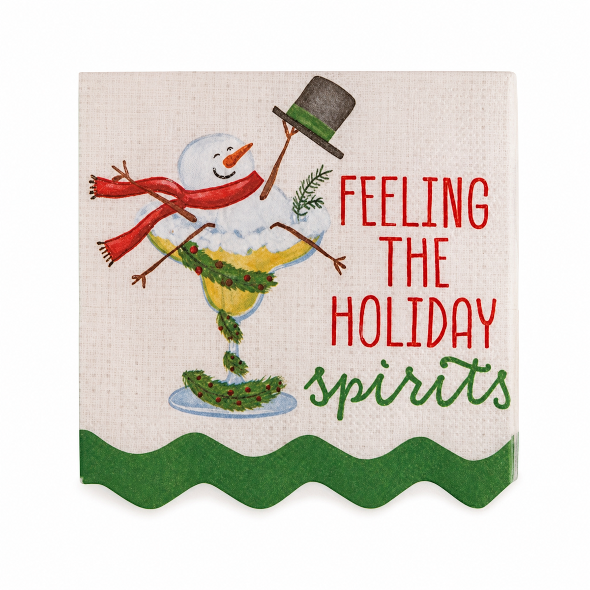 Holiday Bar Paper Cocktail Napkins, Feeling the Holiday Spirits design: Santa lounging in a martini glass, and a snowman afloat in a cocktail