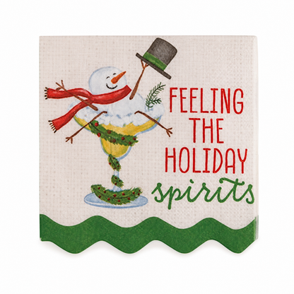 Holiday Bar Paper Cocktail Napkins, Feeling the Holiday Spirits design: Santa lounging in a martini glass, and a snowman afloat in a cocktail
