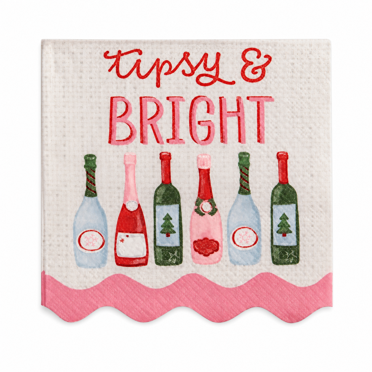 Holiday Bar Paper Cocktail Napkins, Tipsy and Bright design: a row of bottles, and three wine glasses dressed for the season