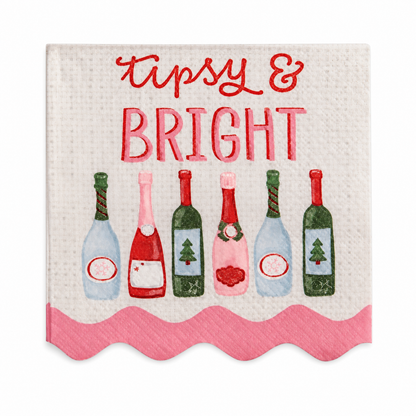 Holiday Bar Paper Cocktail Napkins, Tipsy and Bright design: a row of bottles, and three wine glasses dressed for the season