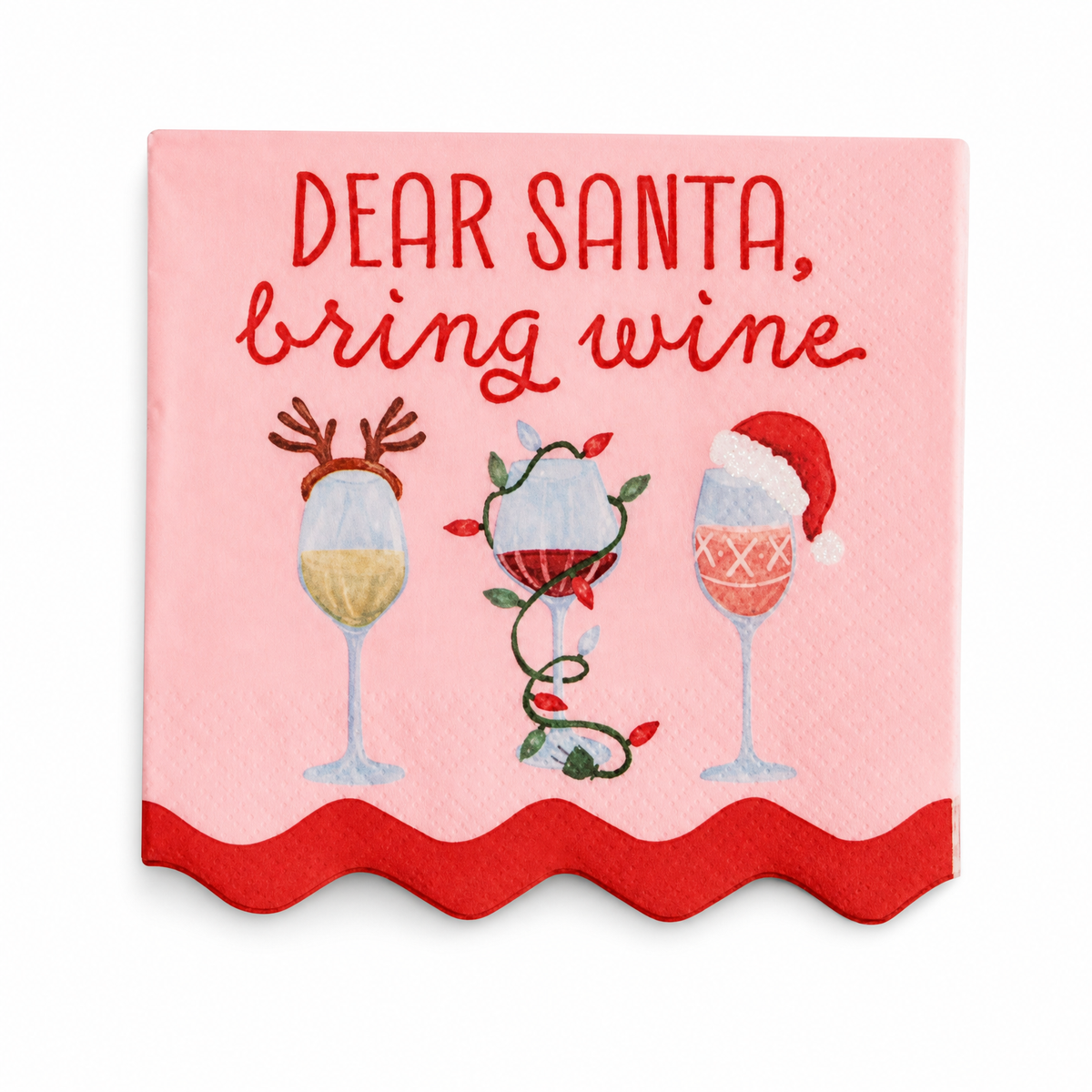 Holiday Bar Paper Cocktail Napkins, Dear Santa Bring Wine design: a row of bottles, and three wine glasses dressed for the season