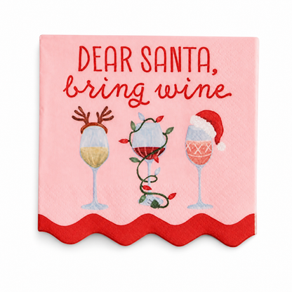 Holiday Bar Paper Cocktail Napkins, Dear Santa Bring Wine design: a row of bottles, and three wine glasses dressed for the season