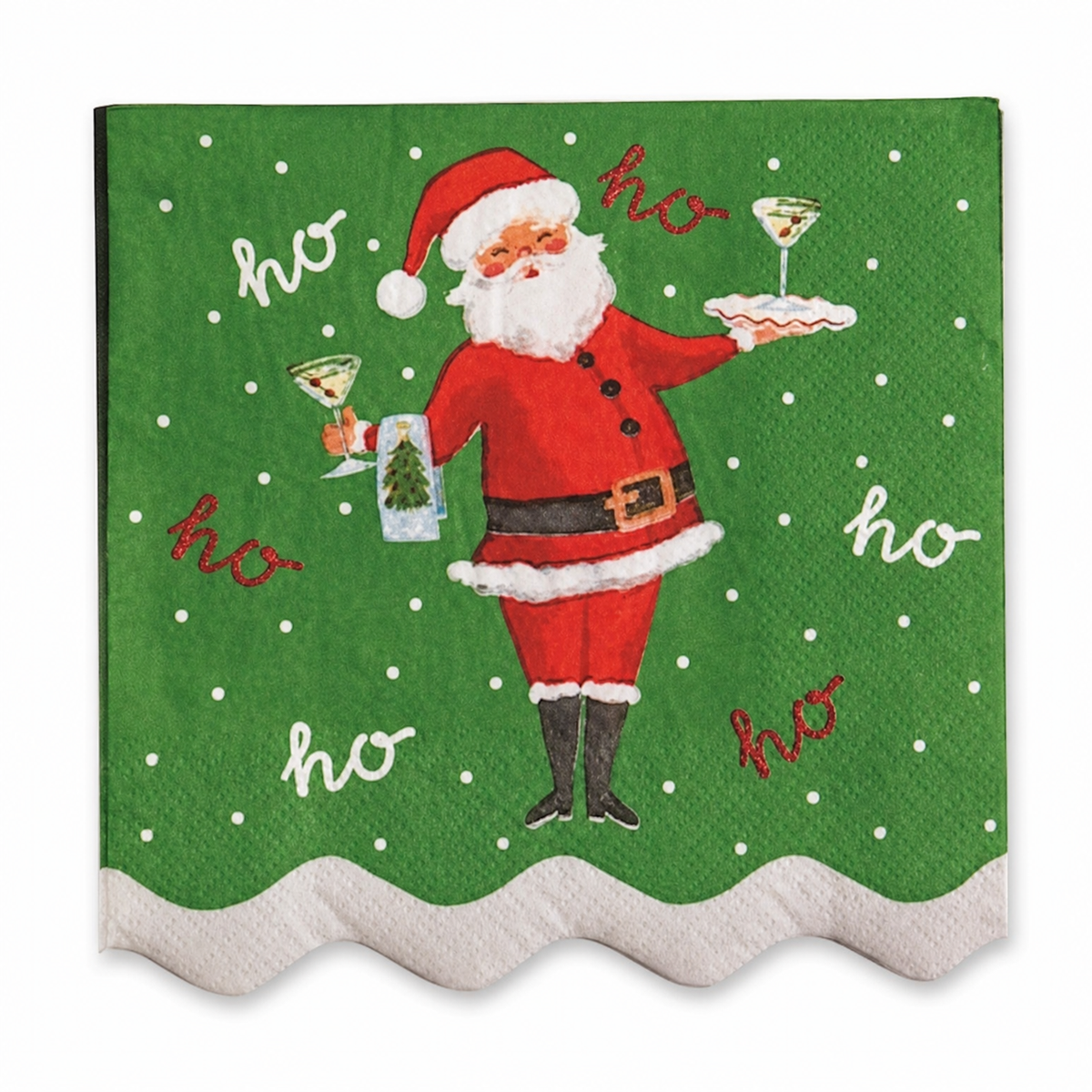 Holiday Bar Paper Cocktail Napkins, Ho Ho Santa design: Santa carrying cocktails on green, and a champagne bottle on pink