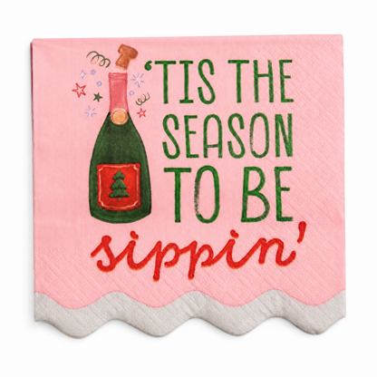 Holiday Bar Paper Cocktail Napkins, Tis the Season to Be Sippin design: Santa carrying cocktails on green, and a champagne bottle on pink