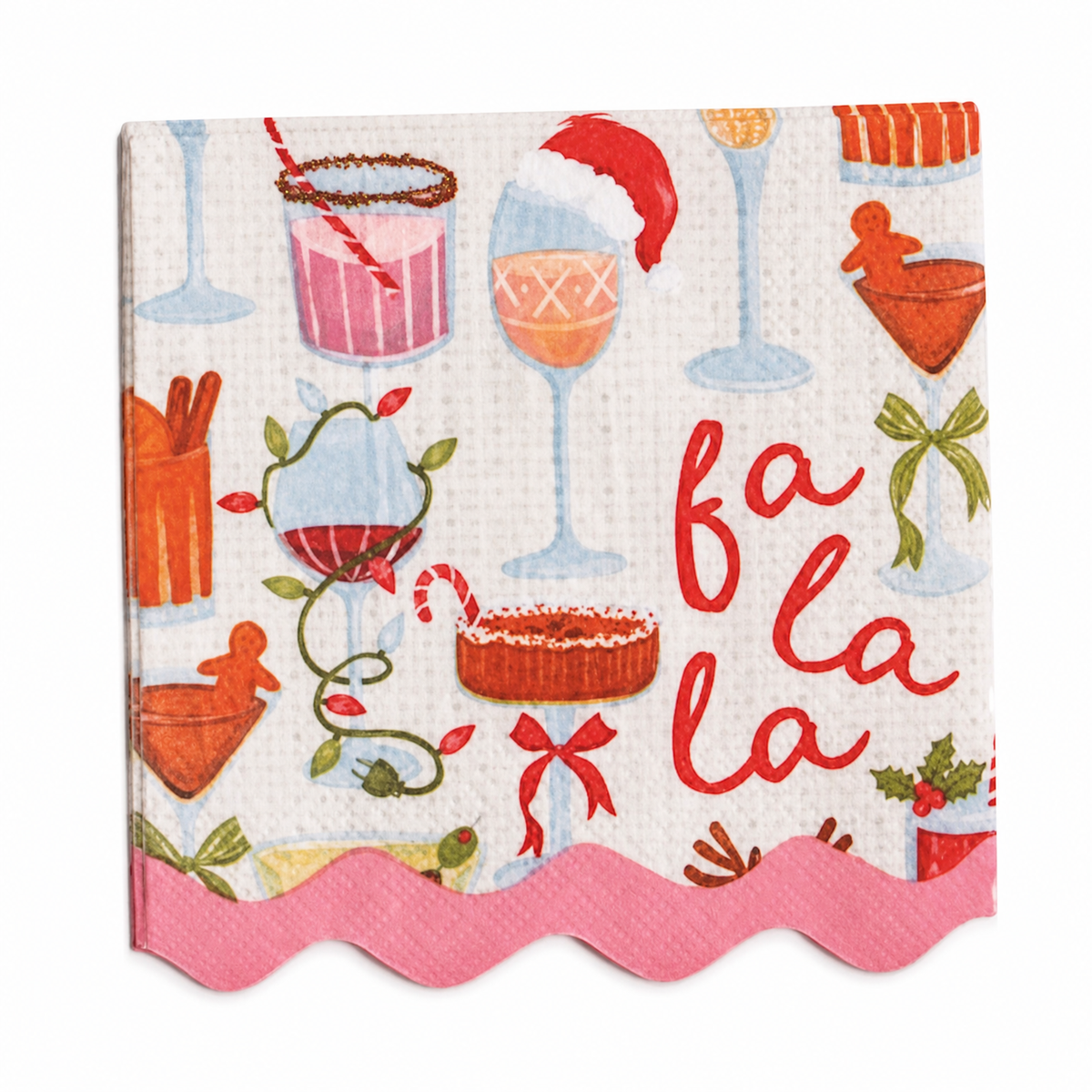 Holiday Bar Paper Cocktail Napkins, Fa La La design: a pattern of festive drinks, and a row of cocktails on green
