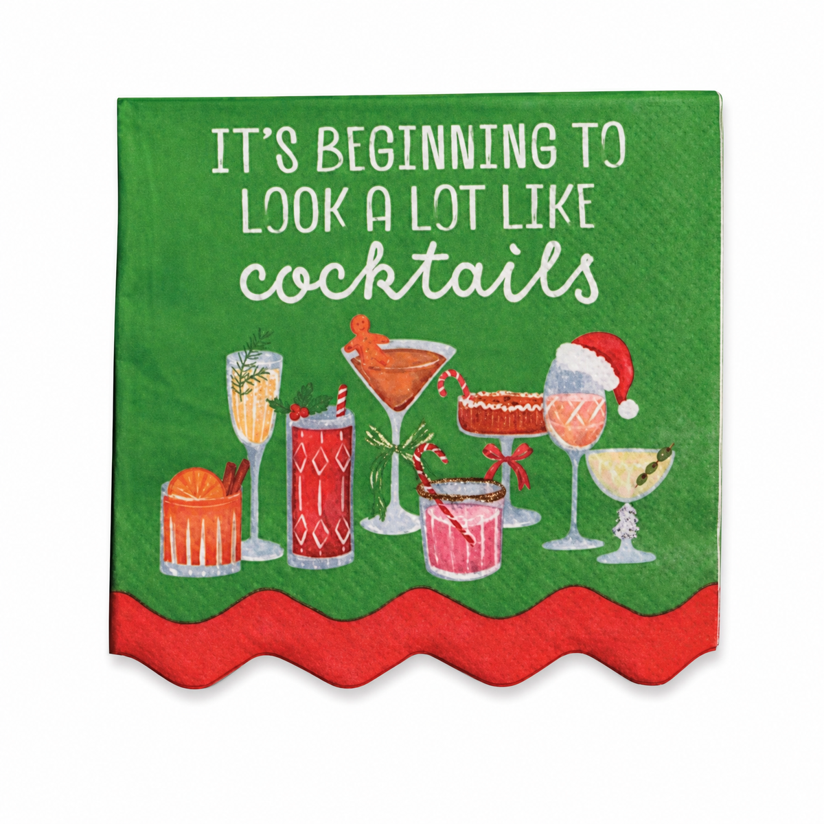 Holiday Bar Paper Cocktail Napkins, Beginning to Look a Lot Like Cocktails design: a pattern of festive drinks, and a row of cocktails on green