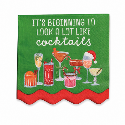 Holiday Bar Paper Cocktail Napkins, Beginning to Look a Lot Like Cocktails design: a pattern of festive drinks, and a row of cocktails on green