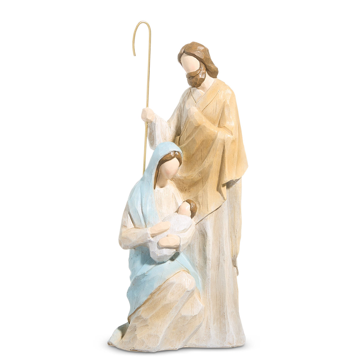 Holy Family Nativity Figure, A resin nativity figure showing Joseph standing with a shepherd's staff beside Mary kneeling with the infant Jesus.