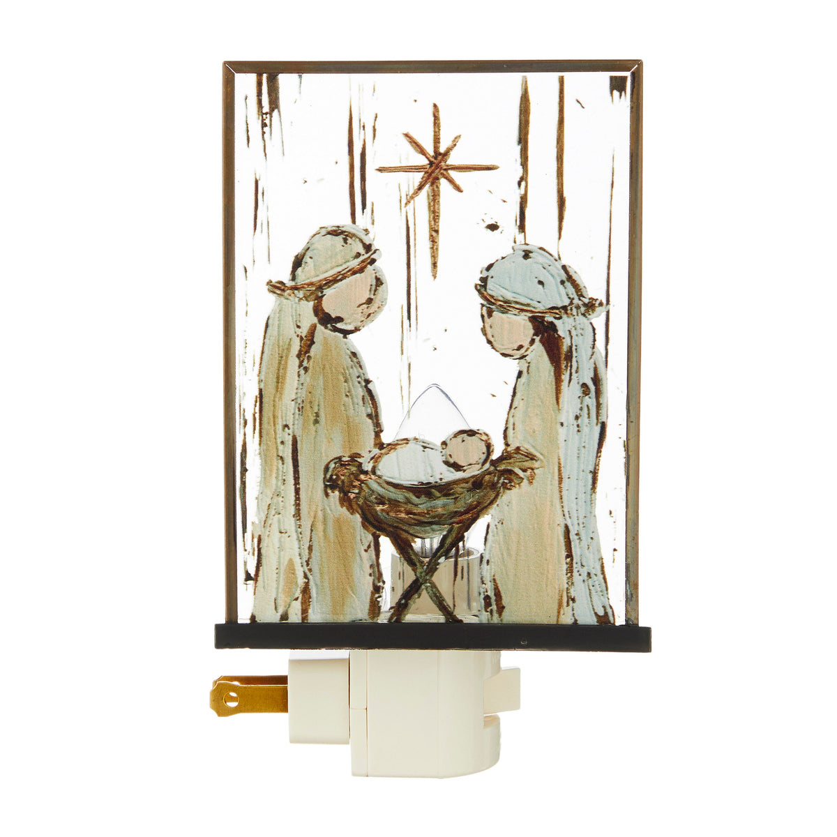 Holy Family Nativity Night Light, A plug-in night light with a gold-framed panel showing Mary, Joseph and the baby Jesus in a manger beneath a gold star.