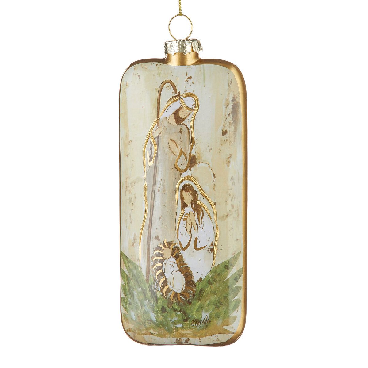 Holy Family Rectangle Ornament, A rectangular glass ornament depicting the Holy Family nativity scene in ivory and gold tones, artwork by Haley Bush.