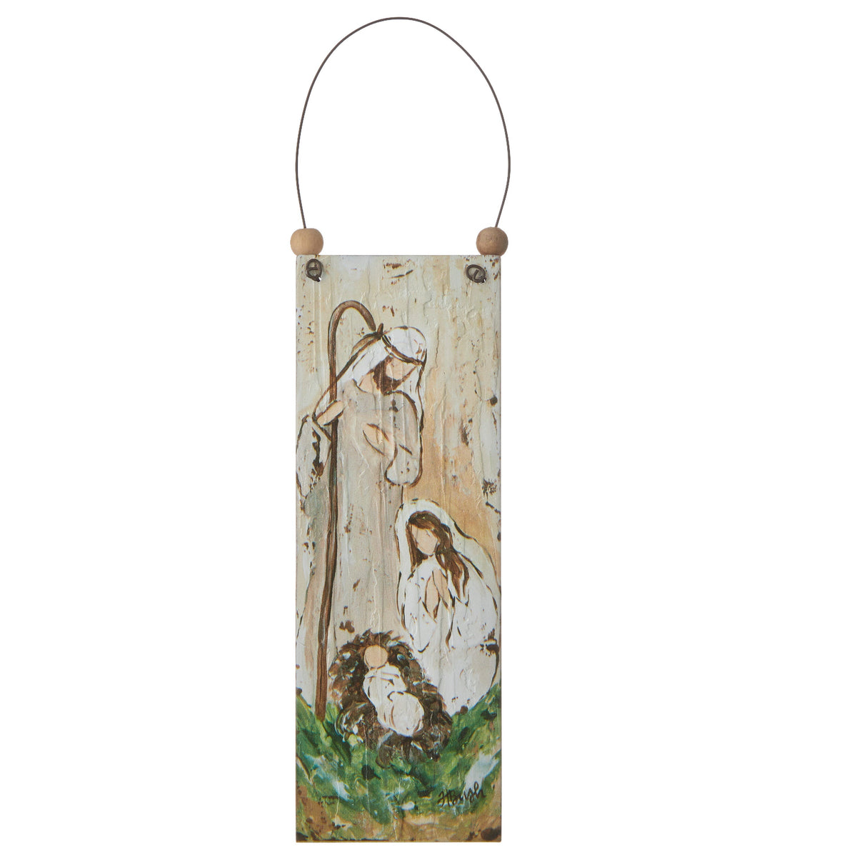 Holy Family Wooden Nativity Ornament, A tall rectangular wooden ornament showing a painted nativity scene of Joseph with a shepherd's crook, Mary kneeling in prayer and the baby Jesus in a straw manger, hung from a beaded wire loop.