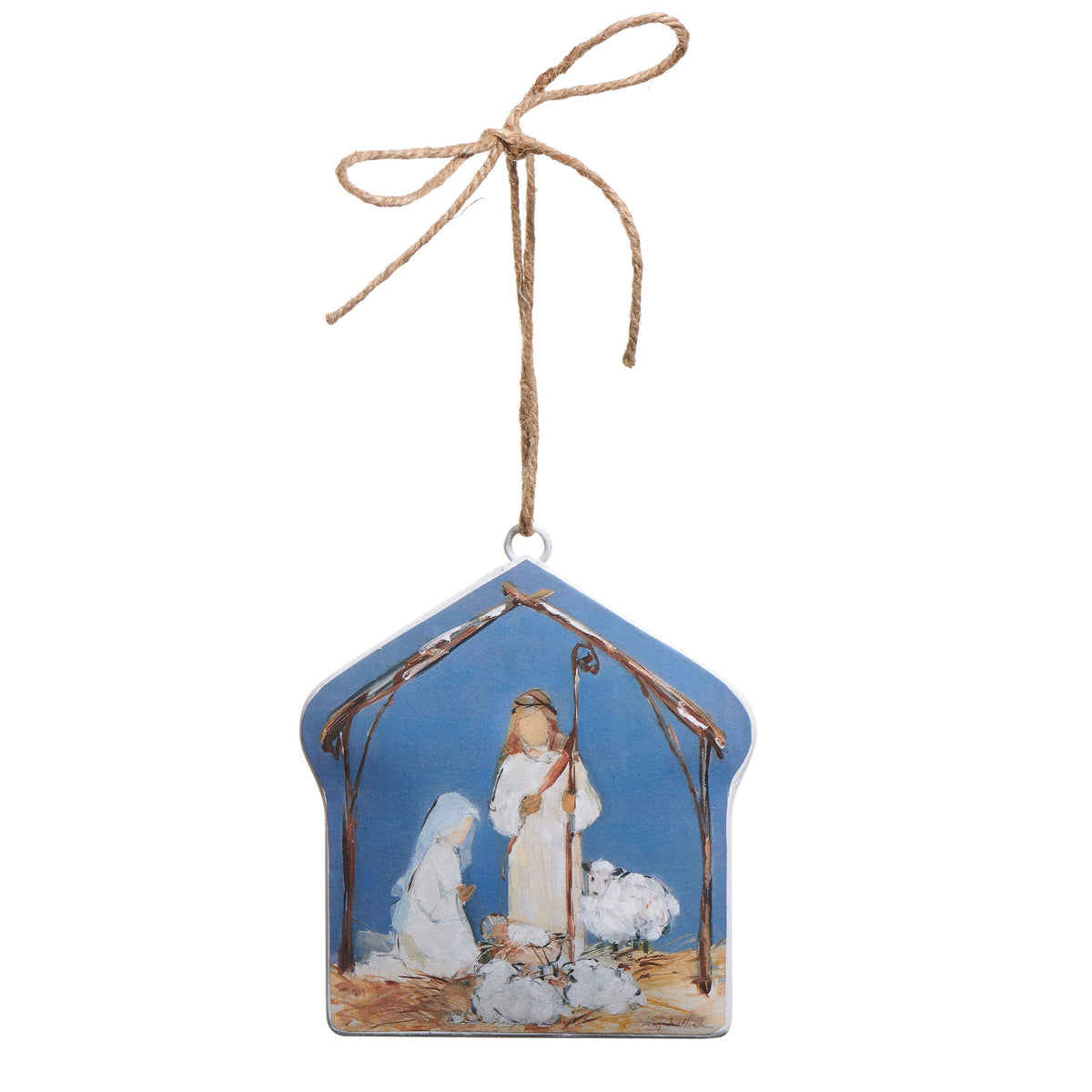 Holy Night Double-Sided Nativity Ornament, A flat stable-shaped metal ornament showing a nativity scene of Mary kneeling, Joseph with a staff, the baby in a manger and three sheep under a twig stable on a blue background, hung from a jute twine bow.