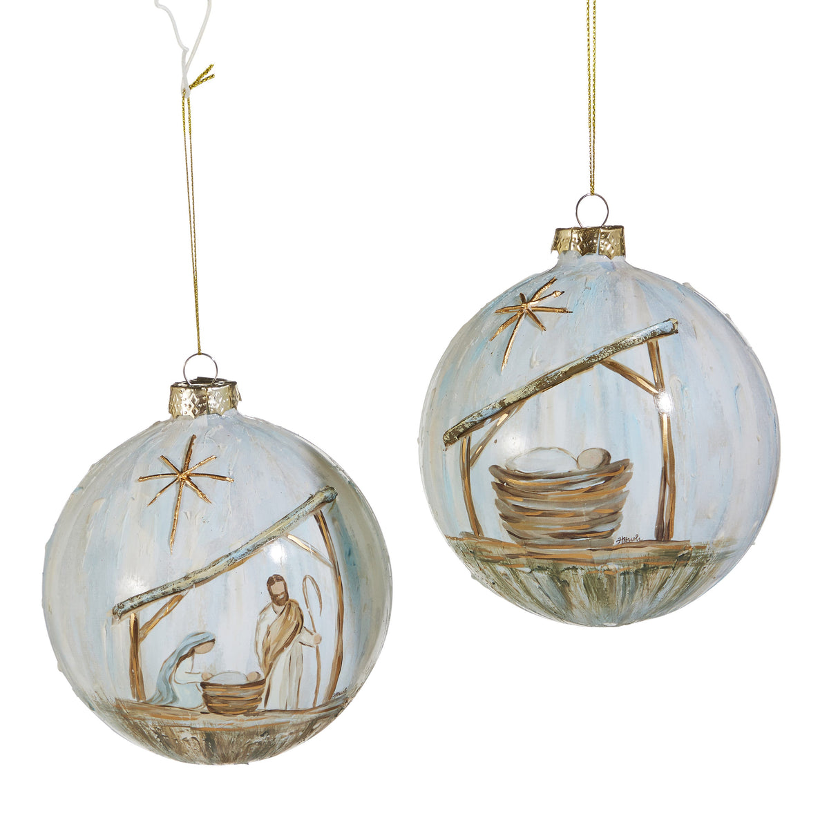 Holy Night Glass Ball Ornament, Two glass ball ornaments painted with soft blue nativity scenes under a gold star, one showing Mary and Joseph beside the manger and the other showing the baby alone in the manger.