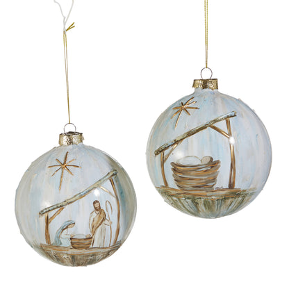 Holy Night Glass Ball Ornament, Two glass ball ornaments painted with soft blue nativity scenes under a gold star, one showing Mary and Joseph beside the manger and the other showing the baby alone in the manger.