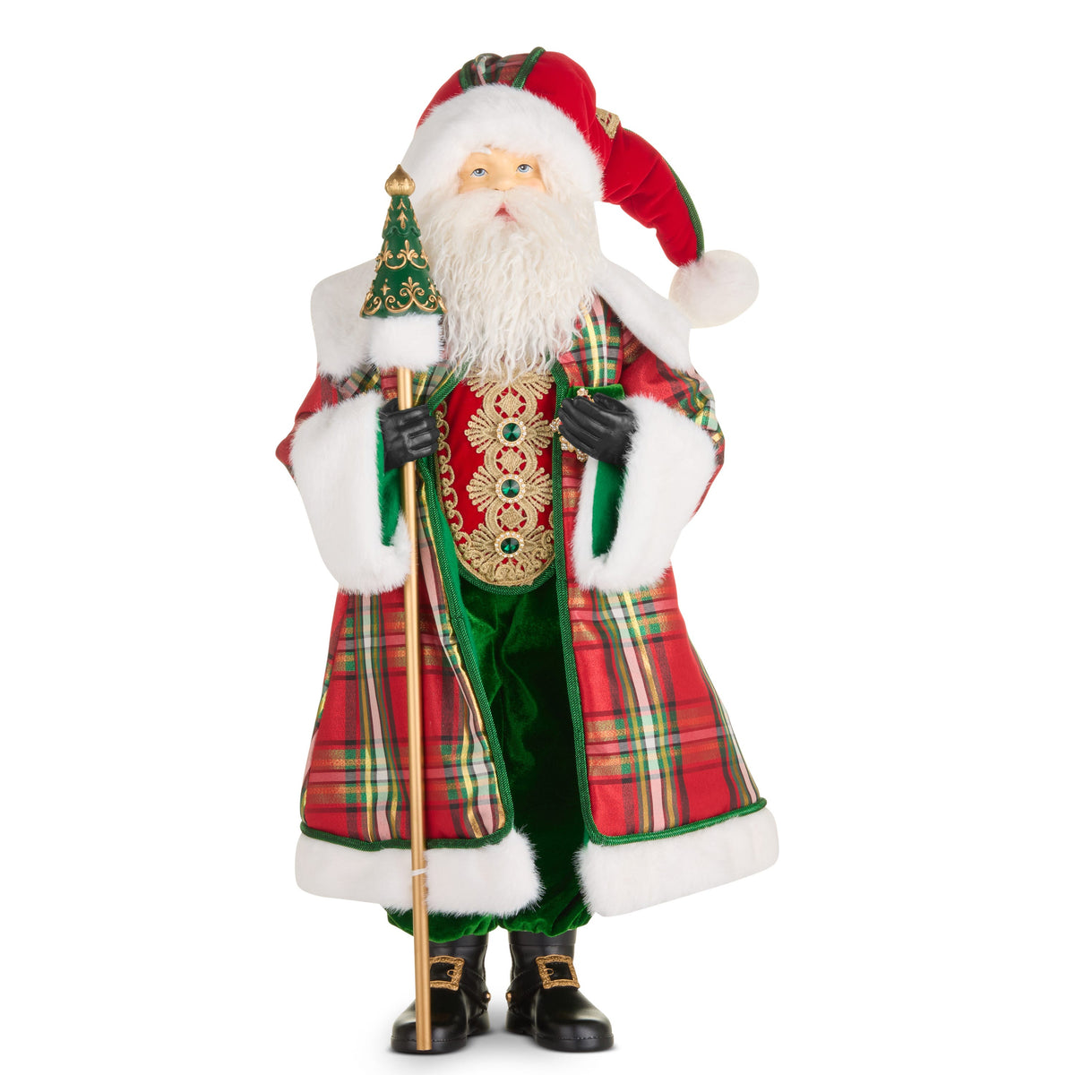 Home For The Holidays Santa, A Santa figure in a red and green tartan coat with a gold embroidered vest, green velvet trousers, and black boots, holding a gold staff topped with a small decorative tree.