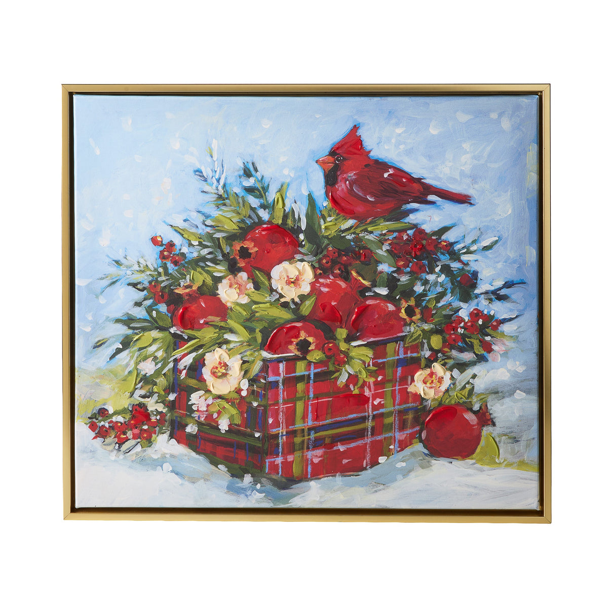 Homegrown Winter Arrangement Cardinal Framed Wall Art, Framed canvas art of a red cardinal perched on a red plaid crate filled with red fruit, cream flowers, berries and greenery against a snowy blue sky, in a gold frame.