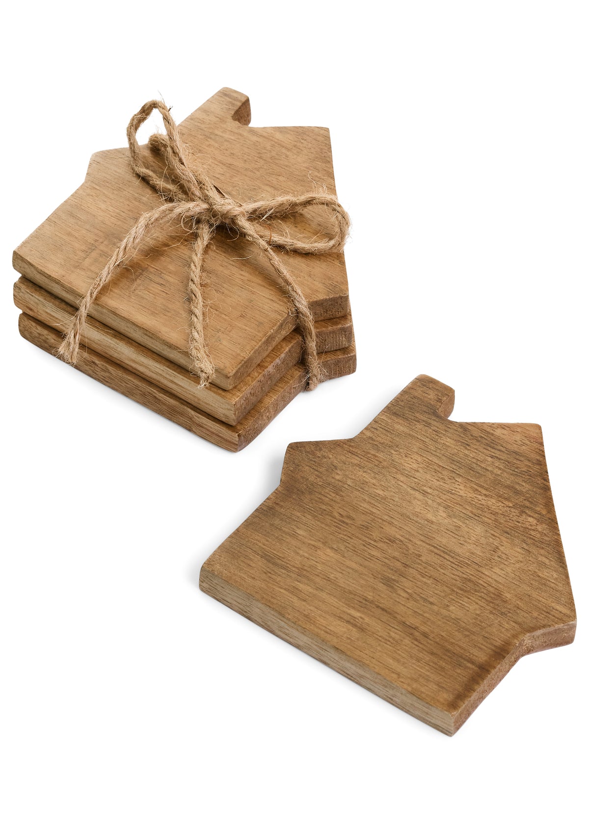House Shaped Mango Wood Coasters, Set of 4, Four house shaped mango wood coasters, stacked and tied with jute twine, with one lying flat in front.