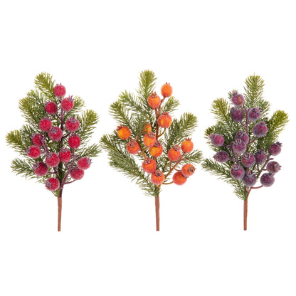 Iced Berry and Greenery Spray, Iced berry sprays with faux pine greenery in red, orange and plum side by side, each on a brown wrapped stem.