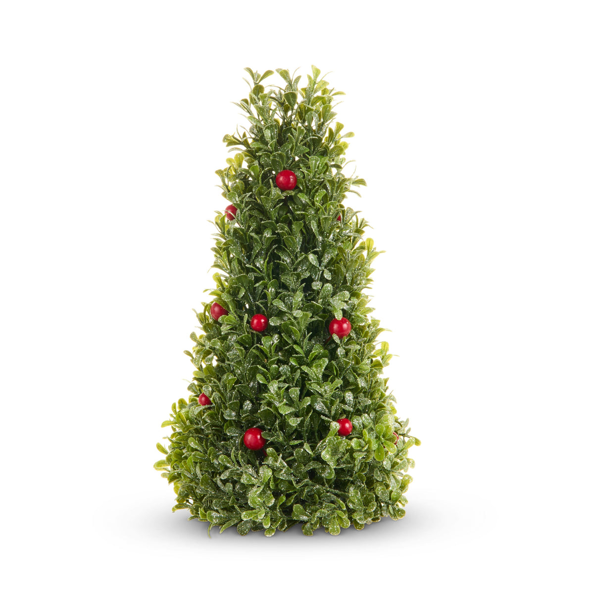 Iced Cedar and Berry Tree, A frosted green cone-shaped tree decorated with small red berries.