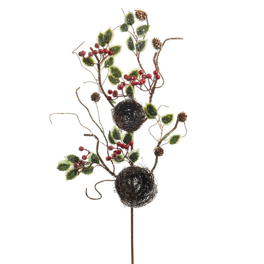 Iced Holly Spray with Vine Nests