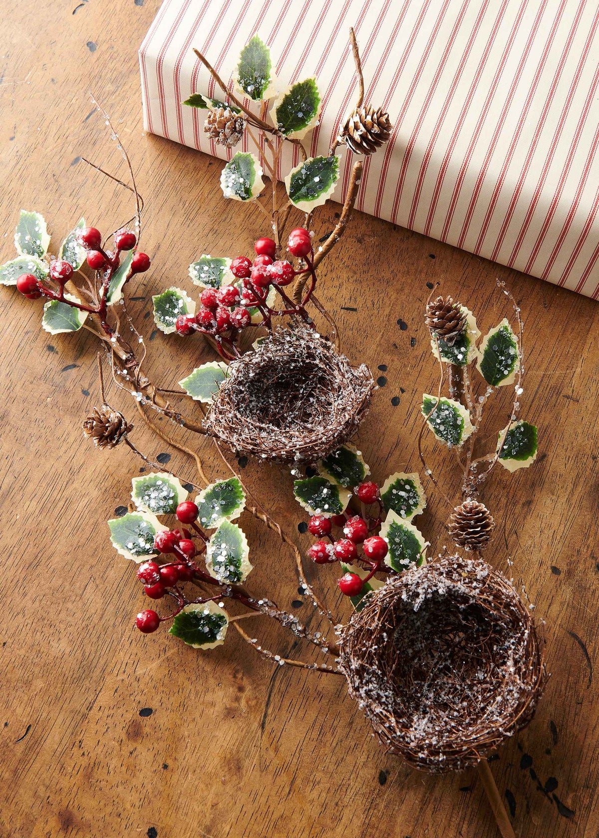 Iced Holly Spray with Vine Nests