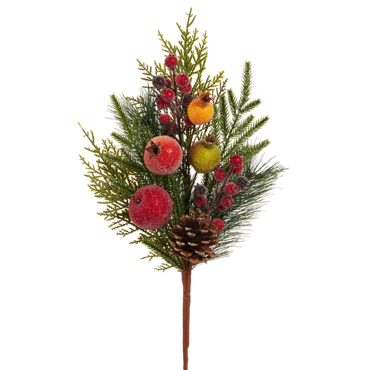Iced Mixed Fruit and Pine Pick, A faux pine and cedar pick with an iced red apple, pomegranates in coral, gold and green, red berries and a pinecone on a brown wrapped stem.