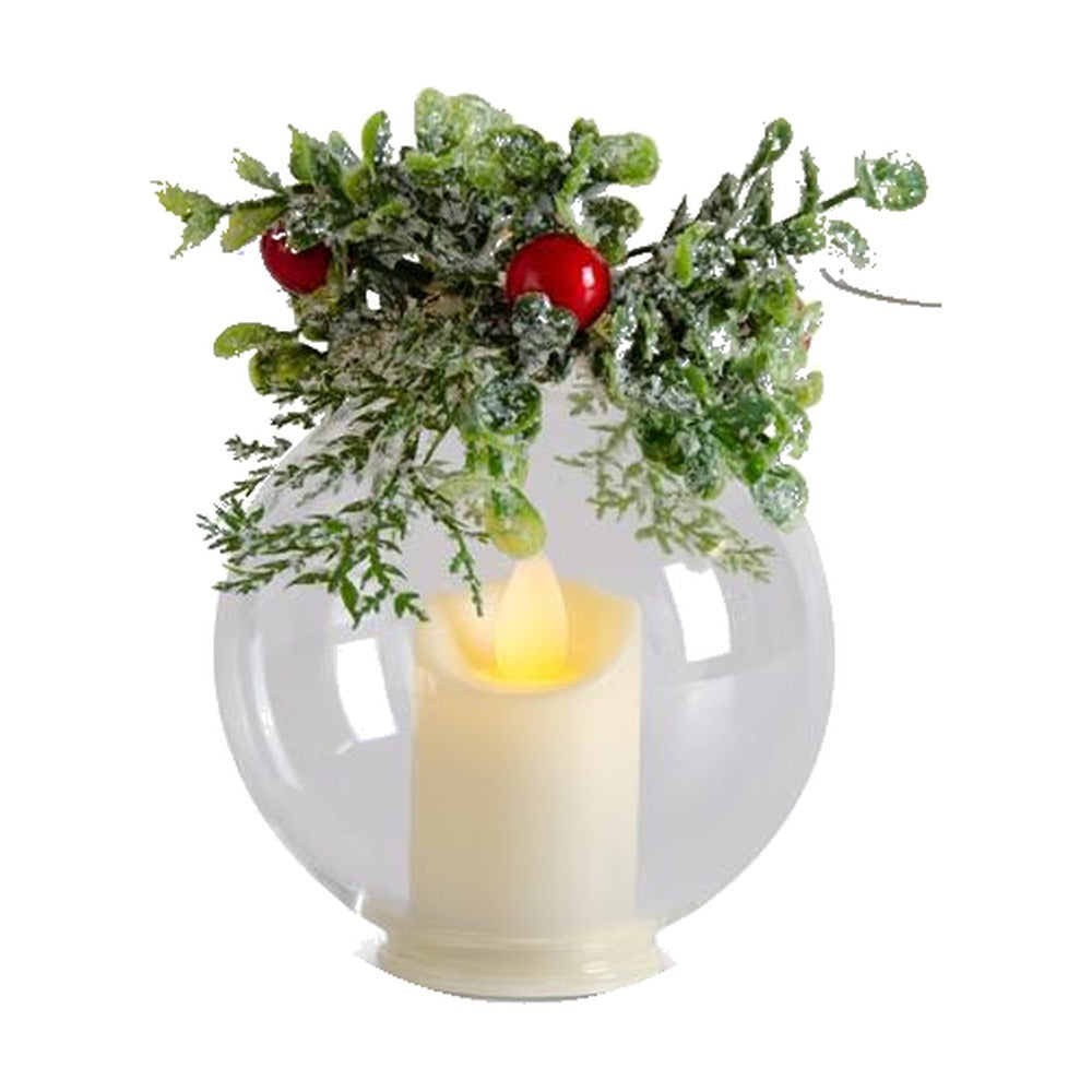 Icy LED Glass Christmas Ornament with Timer, Pine with Red Berries