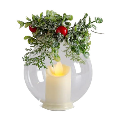 Icy LED Glass Christmas Ornament with Timer, Pine with Red Berries
