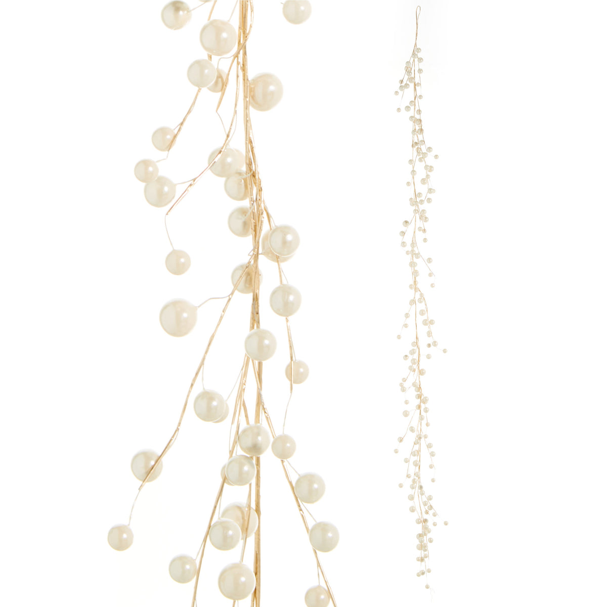 Ivory Pearl Garland, An ivory pearl garland on branching gold-tone stems, shown close up beside a full-length view with a hanging loop at the top.