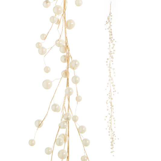 Ivory Pearl Garland, An ivory pearl garland on branching gold-tone stems, shown close up beside a full-length view with a hanging loop at the top.