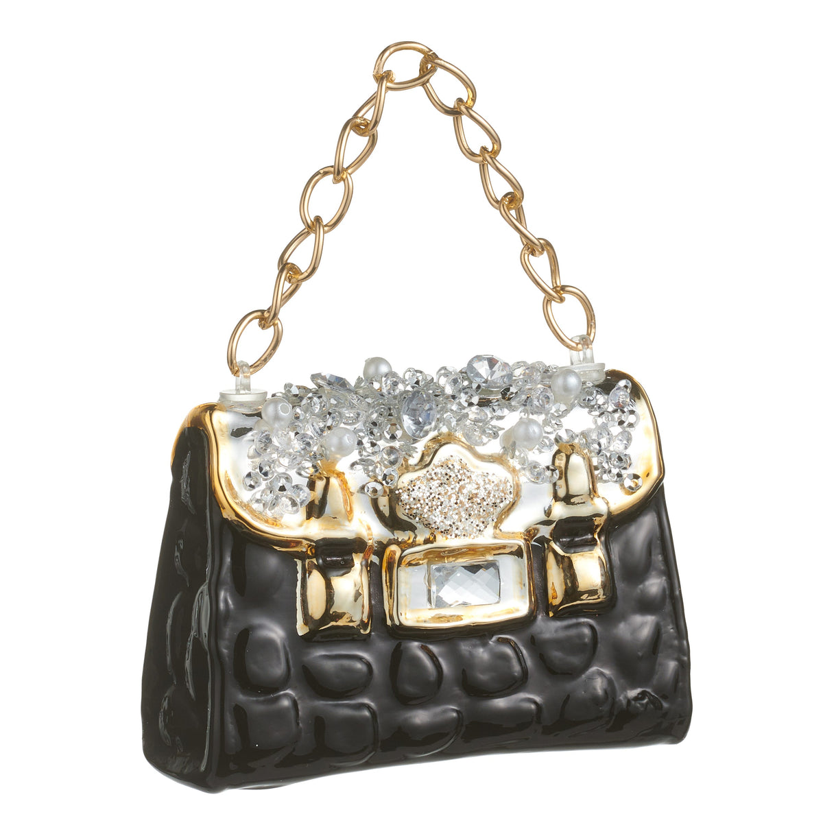 Jeweled Black Purse Glass Ornament, A black glass purse ornament with a gold and silver flap covered in clear jewels and pearl-look beads, a faceted clasp and a gold chain handle.