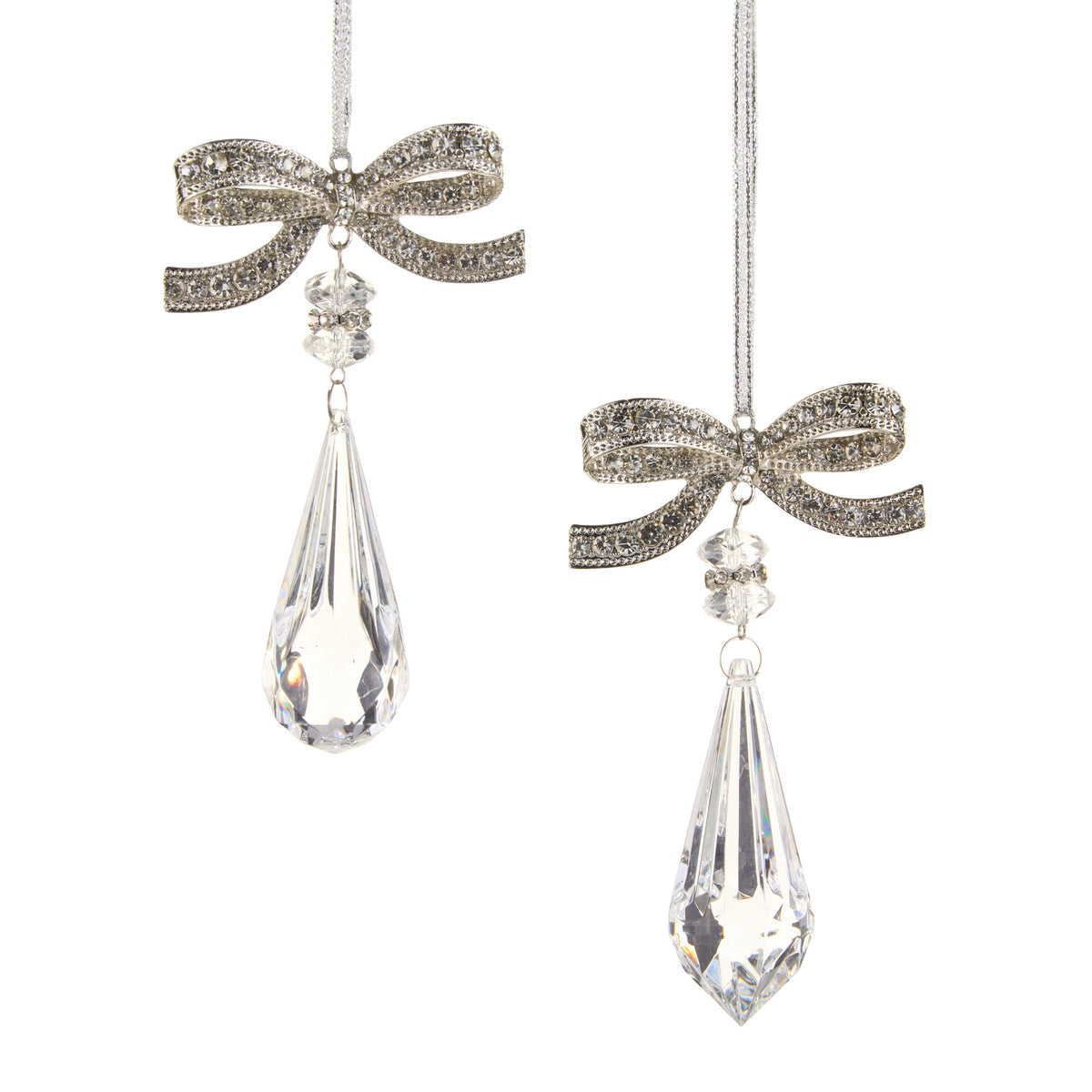 Jeweled Bow Ornament with Faceted Drop, Two ornaments on silver cords, each a rhinestone-set silver-tone bow above clear beads and a faceted clear drop, one rounded and one pointed.