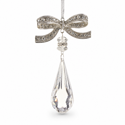 Jeweled Bow Ornament with Faceted Drop, Round Drop design: a clear faceted drop, widest near the bottom, with a rounded tip
